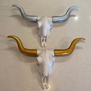 Decorative cow skulls with gold and silver horns